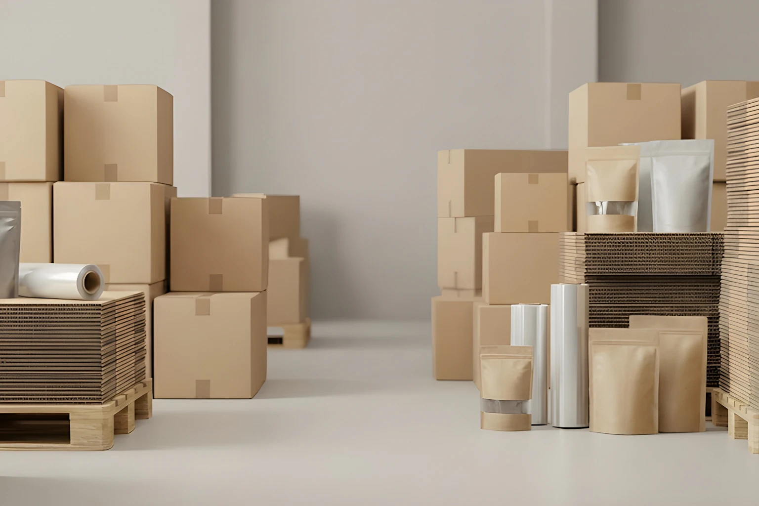 Cardboard boxes and packing supplies arranged in a storage space.